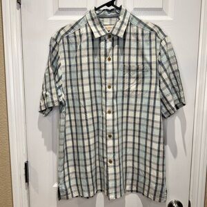 Tommy Bahama Men's Small Blue Cream Plaid Button Down Shirt 100% Silk